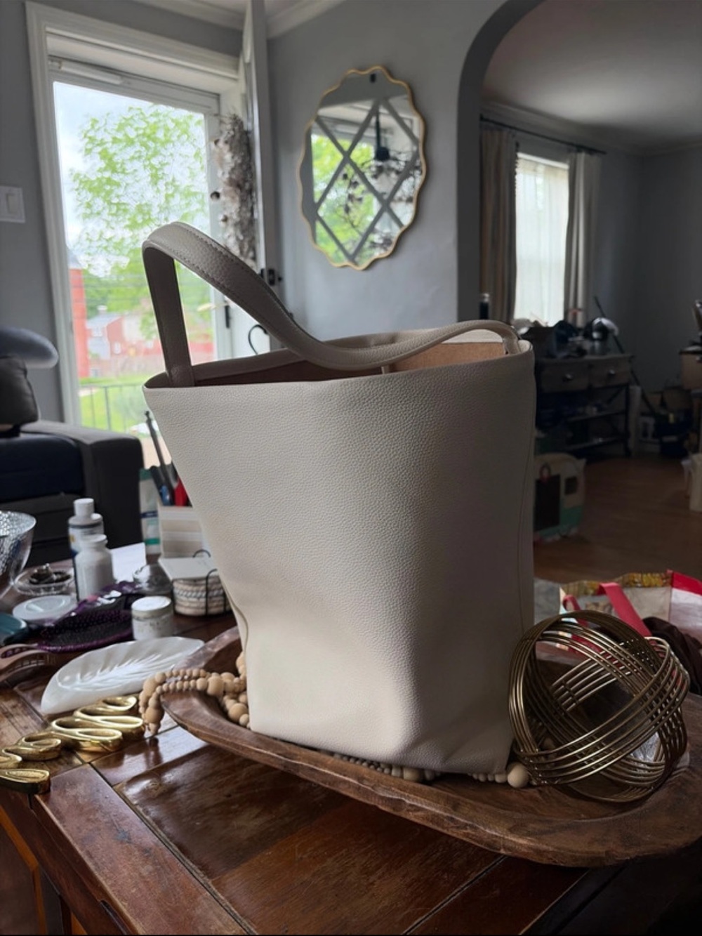Genuine Leather City Park Style Unbranded Cream Tote Bag